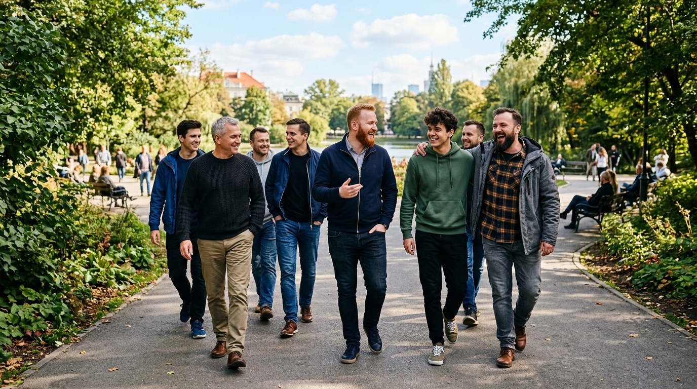 Grupa przyjaciół spaceruje aktywnie po miejskim parku